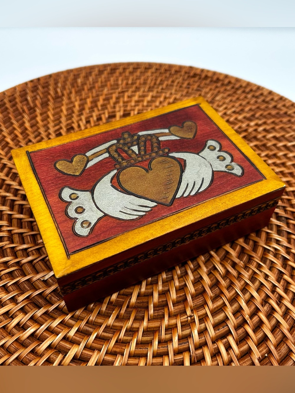 Hand Carved Claddagh Irish Keepsake Jewelry Wooden Box Made in Poland Hinged